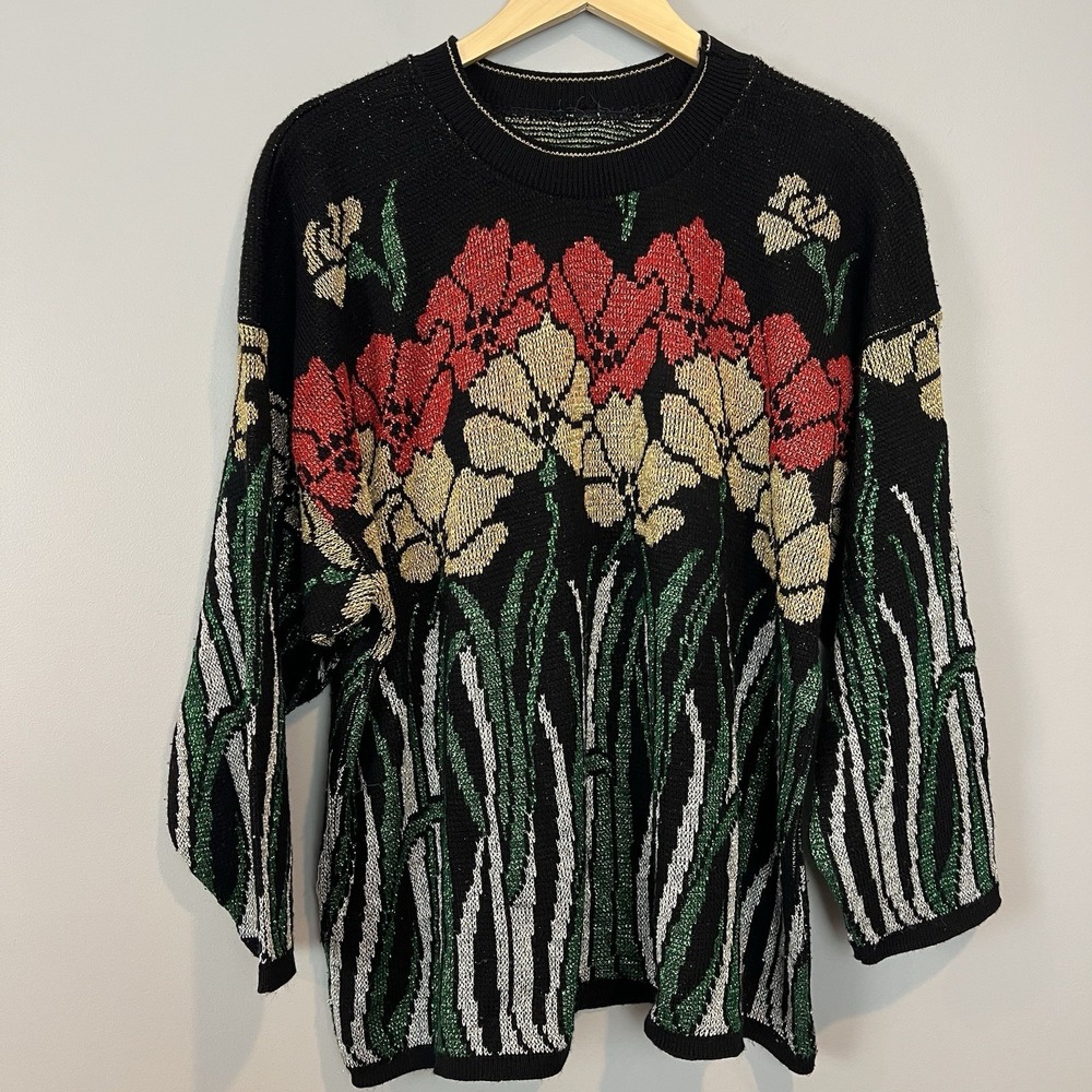 Vtg Holiday Sweater Nutcracker Brand Womens 2X Poinsettia Amaryllis Metallic